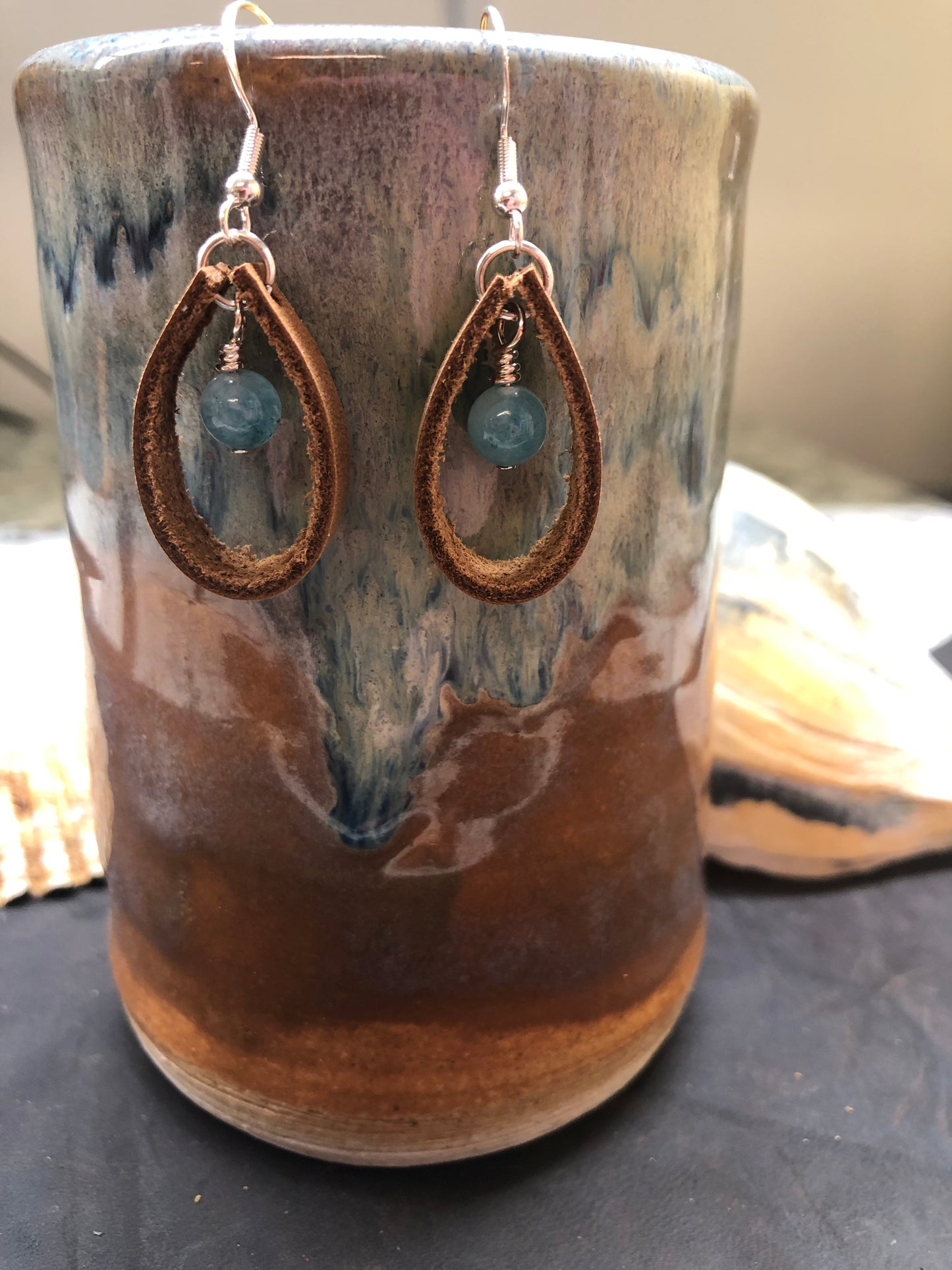 Leather Open Tear Drop Earring - Blue Agate Gemstone