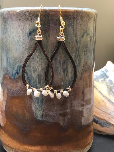 Leather Loop Earrings with Natural Pearl Rondelles